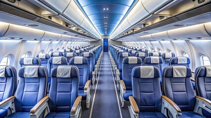 Obraz premium Empty airplane cabin with rows of seats and overhead compartments, airplane, cabin, interior, seats