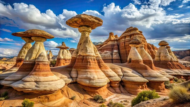 Unique geological formations with mushroom-shaped caps in Kanab Utah , Toadstool, Hoodoos, Kanab, Utah, Erosion, Geology