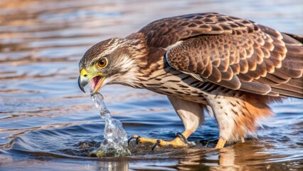 Hawk Fishing in a Stream, Feathers Ruffled, Talons Grip