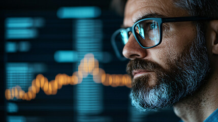 Cybersecurity expert analyzing data trends on digital screen, showcasing focus and expertise in data analysis and technology