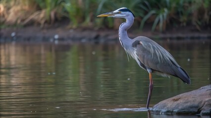 Naklejka premium Grey Heron Standing in a Pond with its Head Turned to the Side