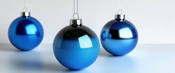 Photo of three shiny blue Christmas baubles on a white background, one in the foreground, one in the middle, and one in the background, soft lighting, high quality, jpeg artifacts