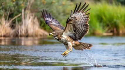 Fototapeta premium A Hawk in Flight Over a Body of Water