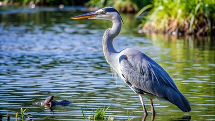 A Great Blue Heron Standing in a Shallow Pond