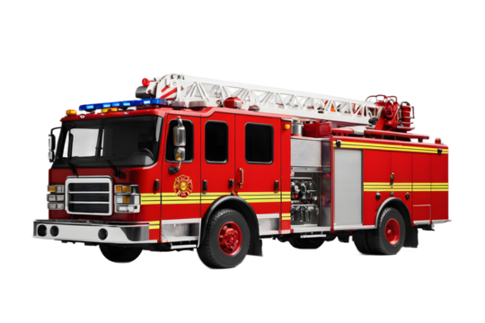 Full shot of a red fire truck with an aerial ladder.