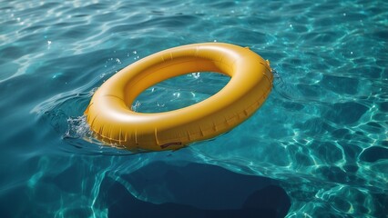 yellow pool ring float in blue water, summer day