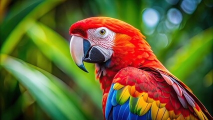 Obraz premium Close up photo of vibrant Scarlet Macaw parrot bird with colorful feathers , exotic, tropical, wildlife, close-up, animals