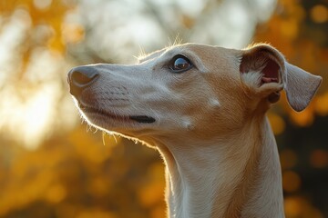 Obraz premium Whippet dog portrait, golden hour light, autumn bokeh background. Perfect for pet, animal, or autumn themes; evokes warmth and loyalty.