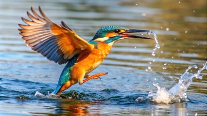 A Kingfisher Diving Into Water With Splashing Water Droplets