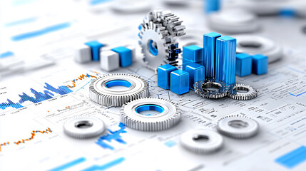 detailed analysis report featuring gears, blue bars, and graphs, illustrating data trends and comparisons in business context. image conveys sense of precision and analysis