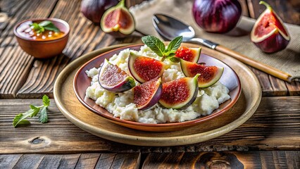 Fototapeta premium Delicious breakfast cottage cheese with fresh figs drizzled with maple syrup on a wooden table, breakfast