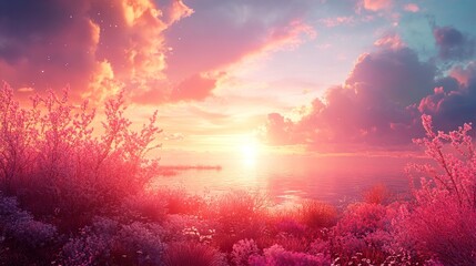 Obraz premium Pink Sunset Landscape: Serene Lake and Flowers