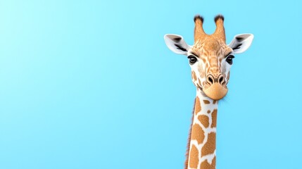 Obraz premium A close-up of a giraffe's head against a blue background.