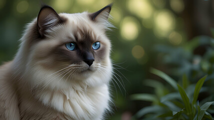 Stunning Ragdoll Cat Portrait: Majestic Fluffy feline with piercing blue eyes in a lush green garden background