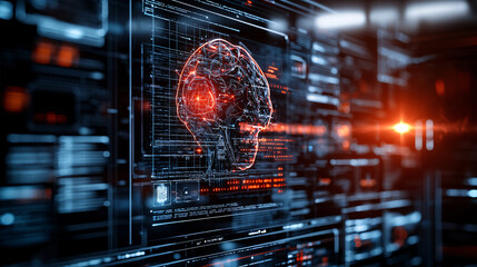 digital representation of artificial intelligence with glowing brain design, showcasing advanced technology and data visualization in futuristic environment