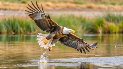 Bald Eagle in Flight Above a Calm Lake