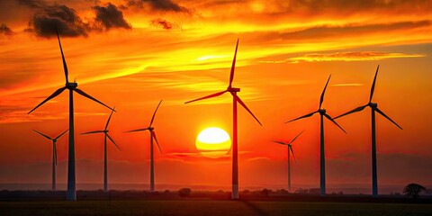 Obraz premium Wind turbines silhouetted against a vibrant rising sun background, renewable energy