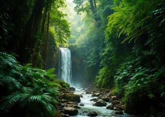 Obraz premium A tranquil tropical rainforest with large green ferns, sunlight dappling through the canopy, and a cascading waterfall positioned on the left third 