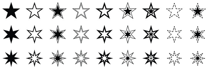 Stars collection. Black star vector. 5 stars. Star vector icons. Star icon.  Stars in modern simple flat style. Set of star symbols isolated. Black set of Stars