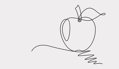 Apple with leaf continuous one line drawing, Black and white.