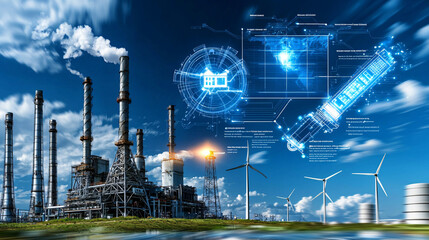 dynamic infographic highlighting renewable energy trends with blend of industrial structures and wind turbines. image showcases modern approach to sustainable energy solutions