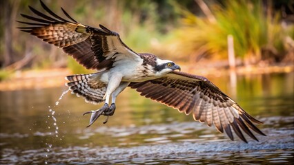 Osprey in Flight Over a Pond with Water Droplets