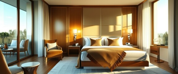 Photo of a luxurious, modern hotel room with a large bed, wooden paneling, and large windows overlooking a cityscape. Warm, inviting lighting, soft textures, and a minimalist design. The bed is made u