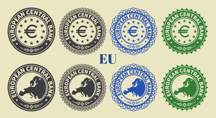 Vector graphic set of financial fictional Europe seals. Collection of round icons with map and stars, inscription European Central Bank. Euro. Emblems or badges.