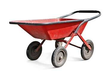 Isolated standing red wheelbarrow 3d rendering, "Discover the durability and functionality of this red wheelbarrow with a metallic construction and sturdy wheels. Designed for outdoor work and landsca
