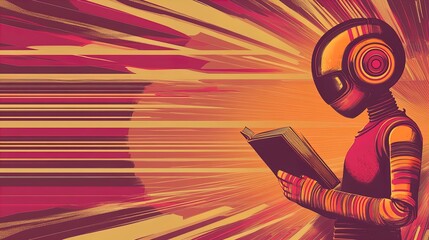 Futuristic Metallic Robot with Headset Reading a Vibrant Book in a Neon Digital World: Perfect Poster for Tech and Sports Interiors!