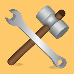 3D Wrench and hammer. Tools icon isolated on Mustard yellow color background.
