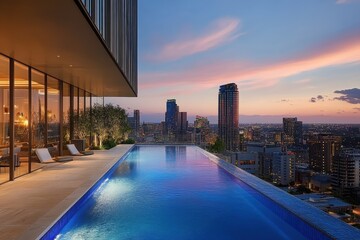 Fototapeta premium Infinity pool at sunset, city view. Perfect for luxury real estate, travel, and lifestyle.