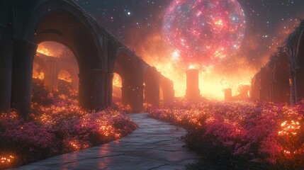 Burning ruins, glowing flowers, path, celestial body.
