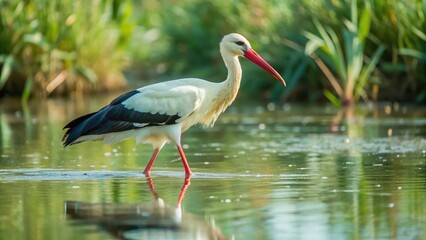White Stork Wading Through Shallow Water