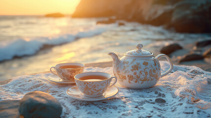 cup of coffee and teapot on the beach