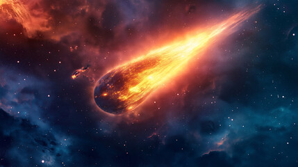 Obraz premium A 3D glowing meteor flying across a flat 2D illustrated galaxy