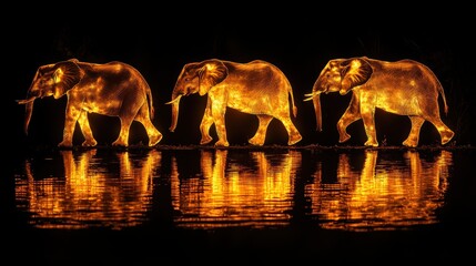 outline of 3 African elephants walking from a sunset in oil painting art on black background. cinematic