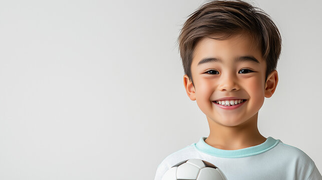 Smiling boy holding soccer ball against white background