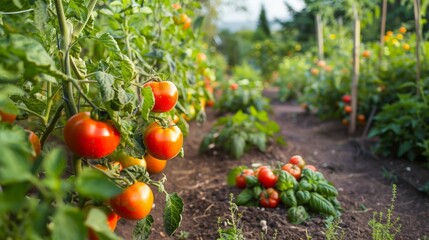 A vegetable garden in summer with ripe tomatoes, peppers, and herbs