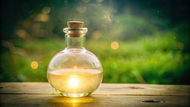 Glass Bottle with Glowing Liquid on Wooden Surface