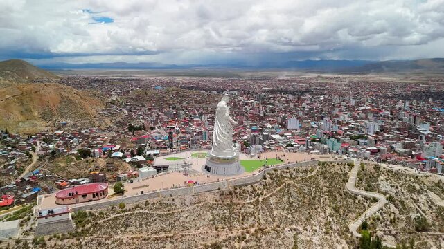Aerial of Virgin Mary Monument in Oruro, Fly-over