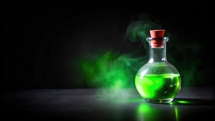 Glass Bottle Filled with Green Liquid and Surrounded by Smoke