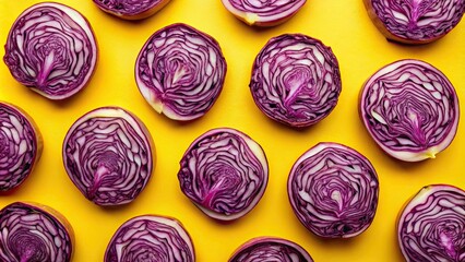 Obraz premium Sliced red cabbage on a yellow background, creating a colorful food pattern , food, red cabbage, sliced, colorful, pattern