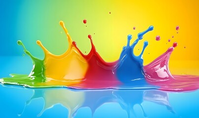 Vivid paint splashes on reflective surface, colorful.