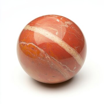 Polished red jasper sphere on white background.