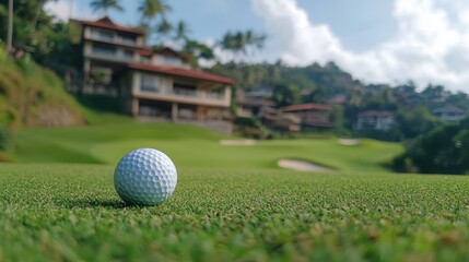 Fototapeta premium Golf Ball on Lush Green Turf with Houses in the Background under Blue Sky