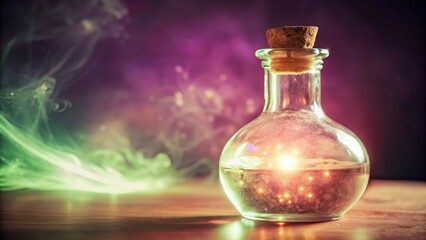 Glowing Potion in a Glass Bottle with Green Smoke and Sparkles
