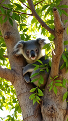 “Koala in Eucalyptus Tree” – A close-up of a koala perched in a eucalyptus tree, surrounded by lush green leaves and soft sunlight filtering through.
