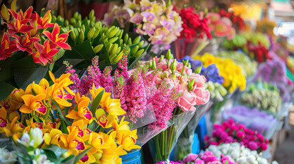 Fototapeta premium Vibrant flowers in various colors create lively market scene