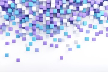 Colorful 3D cubes scattered on a white background., purple background
